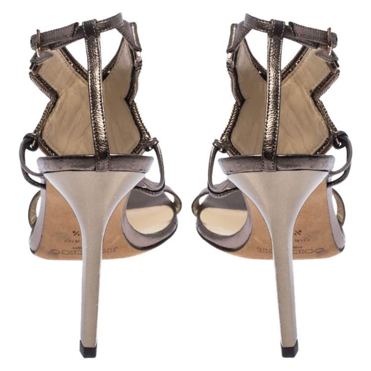 Pre Owned Jimmy Choo Metallic Bronze Leather Crystal Embellished Ankle Strap Sandals Size 36.5