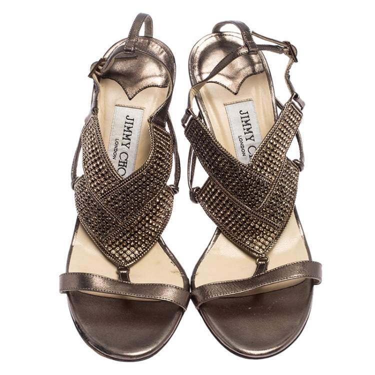 Pre Owned Jimmy Choo Metallic Bronze Leather Crystal Embellished Ankle Strap Sandals Size 36.5
