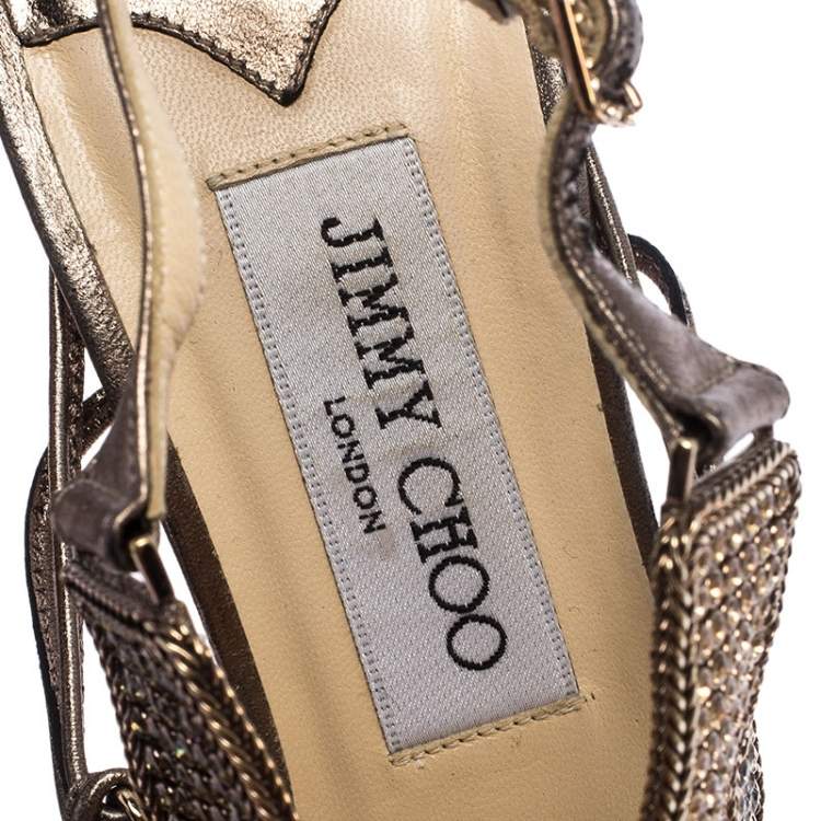 Pre Owned Jimmy Choo Metallic Bronze Leather Crystal Embellished Ankle Strap Sandals Size 36.5