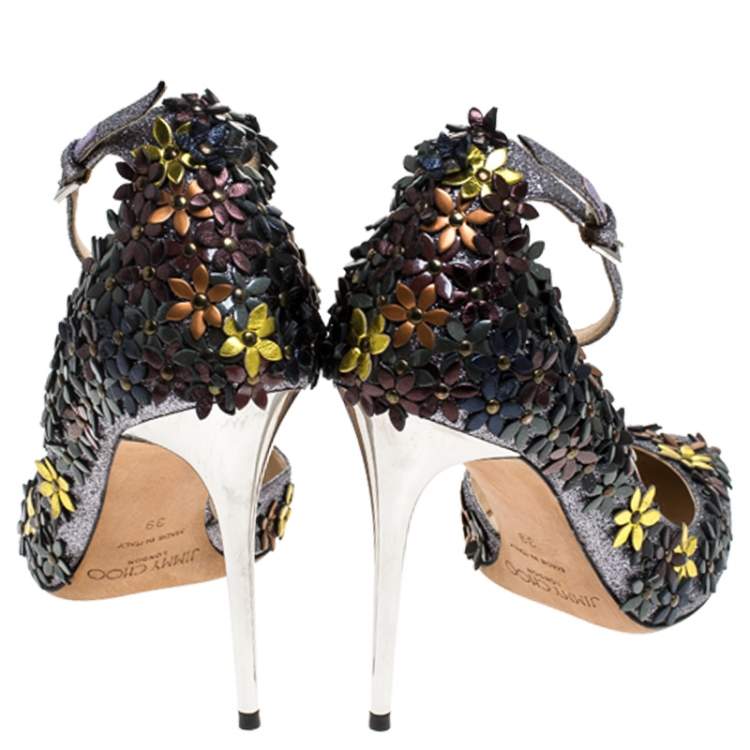 Pre Owned Jimmy Choo Multicolor Glitter Fabric And Leather Floral Embellished Lorelai Ankle Strap Pumps Size 39