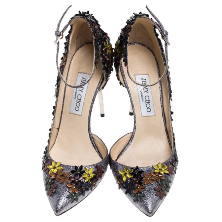 Pre Owned Jimmy Choo Multicolor Glitter Fabric And Leather Floral Embellished Lorelai Ankle Strap Pumps Size 39