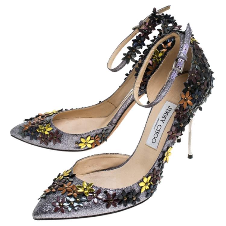 Pre Owned Jimmy Choo Multicolor Glitter Fabric And Leather Floral Embellished Lorelai Ankle Strap Pumps Size 39