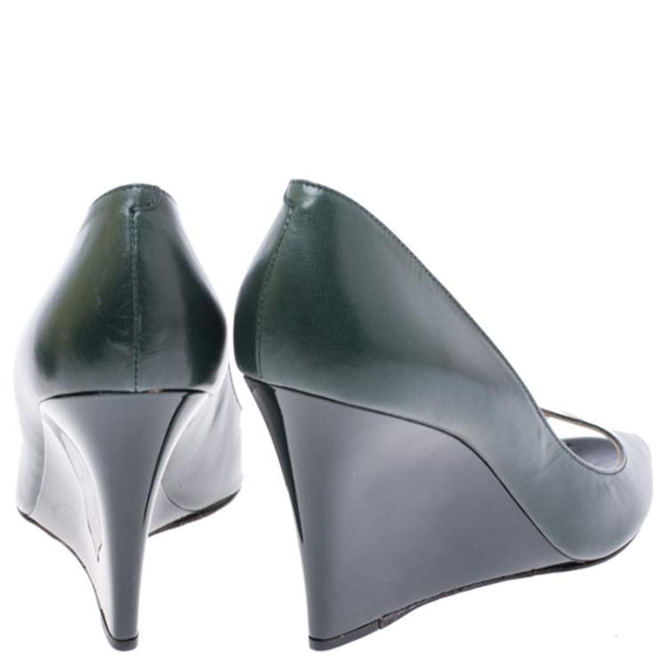 Pre Owned Jimmy Choo Dark Green Leather Baxen Peep Toe Wedge Pumps 38.5