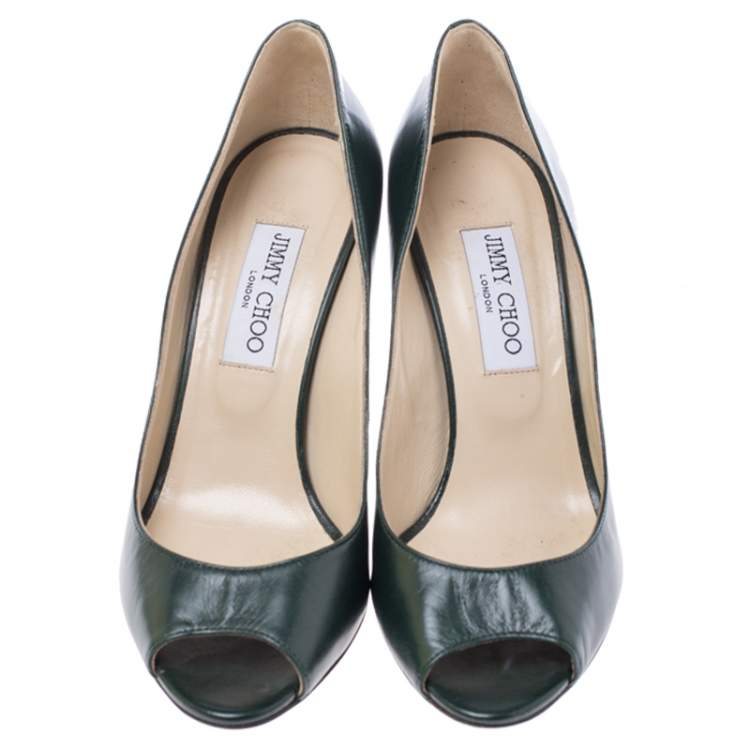 Pre Owned Jimmy Choo Dark Green Leather Baxen Peep Toe Wedge Pumps 38.5