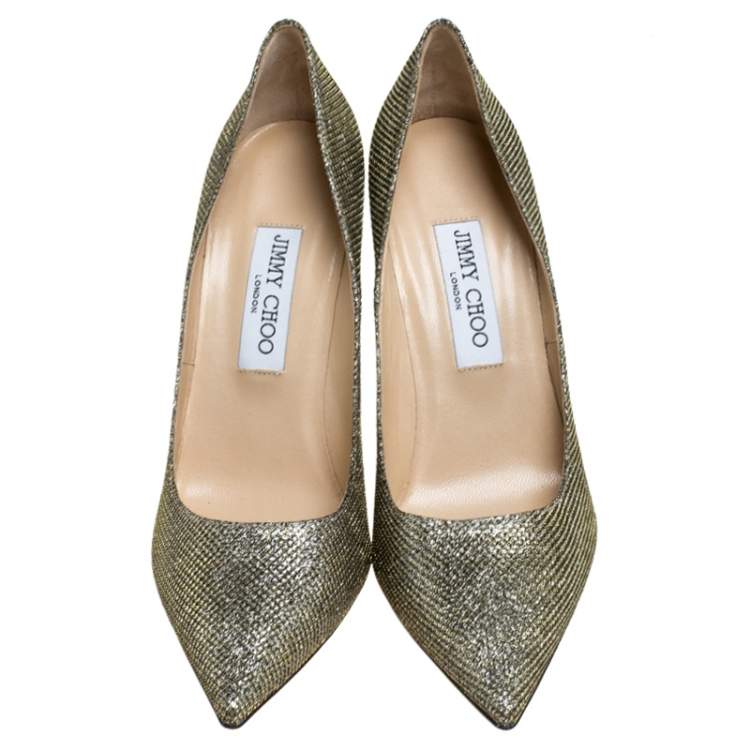 Pre Owned Jimmy Choo Metallic Gold Glitter Fabric Abel Pointed Toe Pumps Size 39.5 