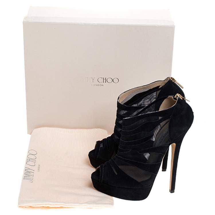 Pre Owned Jimmy Choo Blue Suede And Mesh Kerfield Peep Toe Platform Ankle Booties Size 37