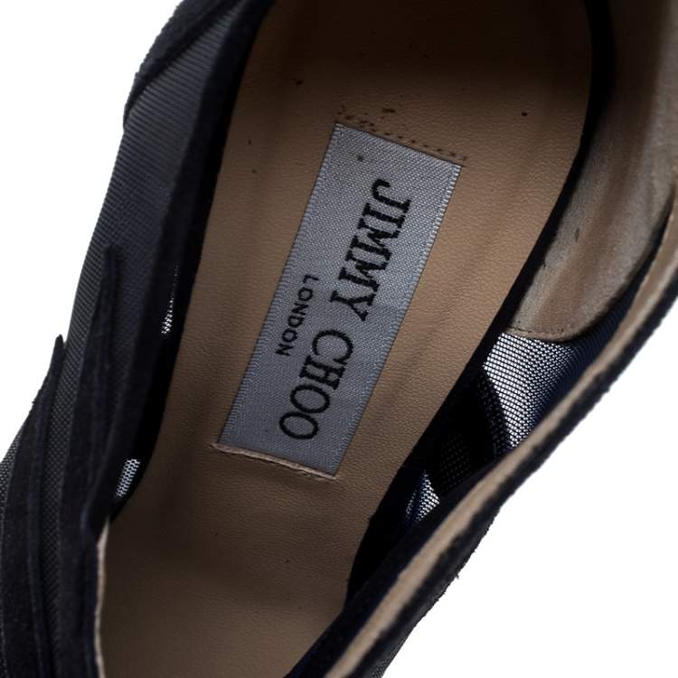 Pre Owned Jimmy Choo Blue Suede And Mesh Kerfield Peep Toe Platform Ankle Booties Size 37