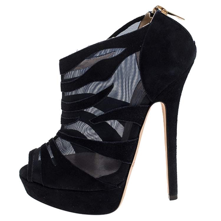 Pre Owned Jimmy Choo Blue Suede And Mesh Kerfield Peep Toe Platform Ankle Booties Size 37