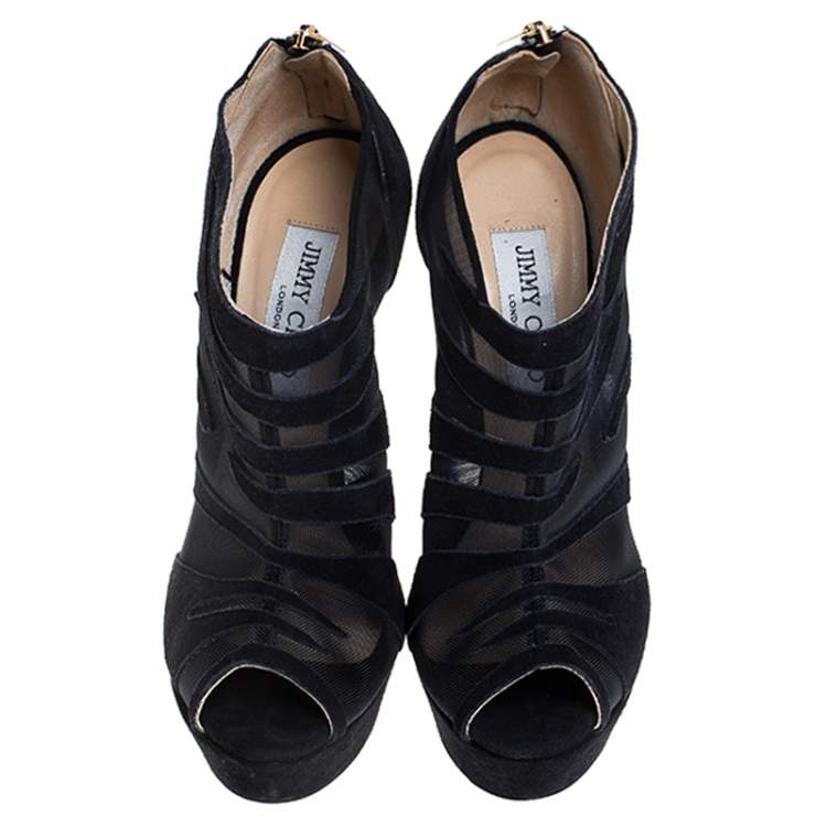 Pre Owned Jimmy Choo Blue Suede And Mesh Kerfield Peep Toe Platform Ankle Booties Size 37