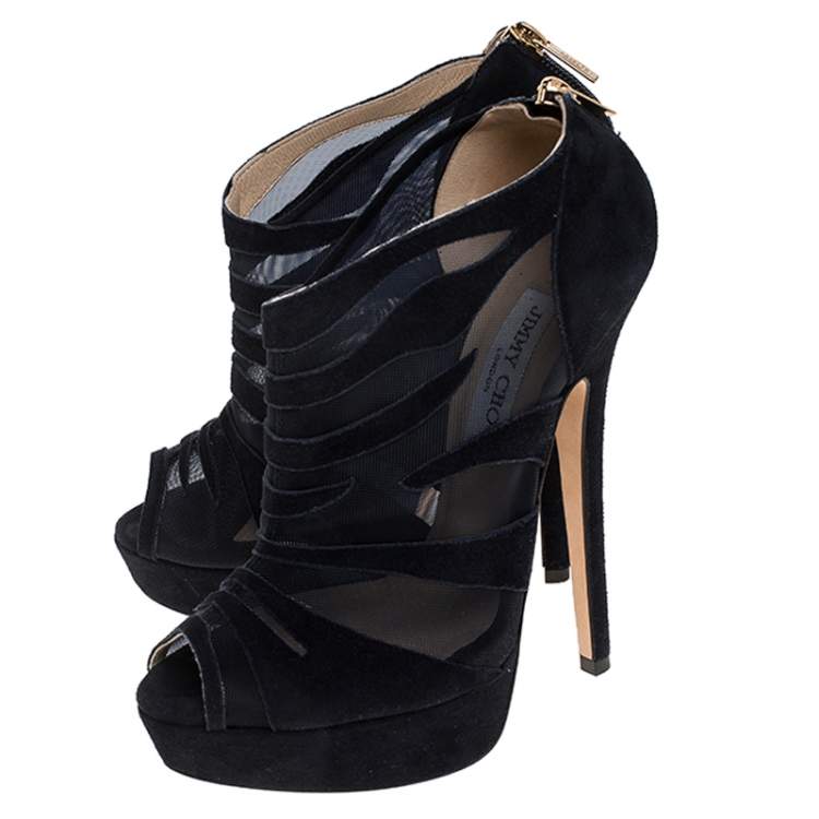 Pre Owned Jimmy Choo Blue Suede And Mesh Kerfield Peep Toe Platform Ankle Booties Size 37