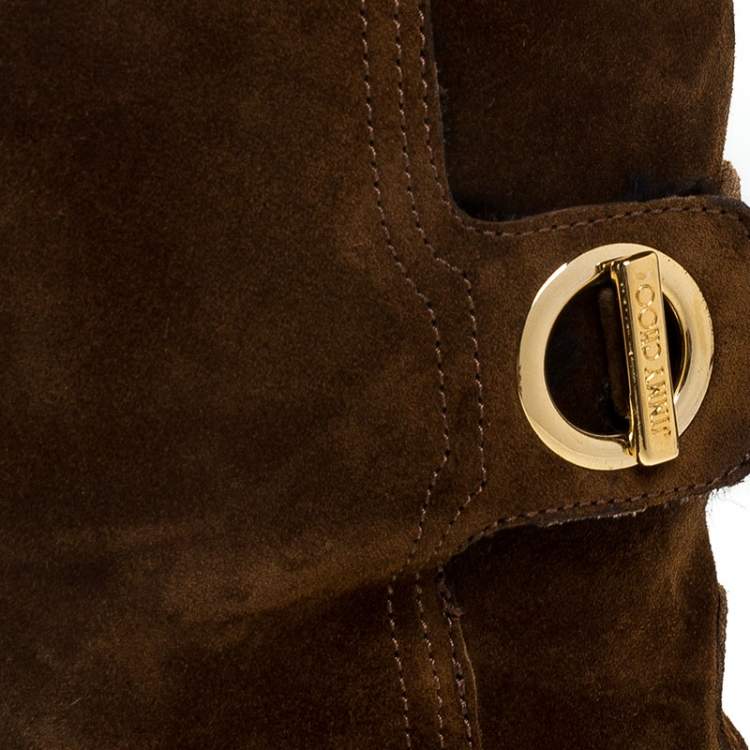 Pre Owned Jimmy Choo Brown Suede Mid Calf Flat Boots Size 38.5