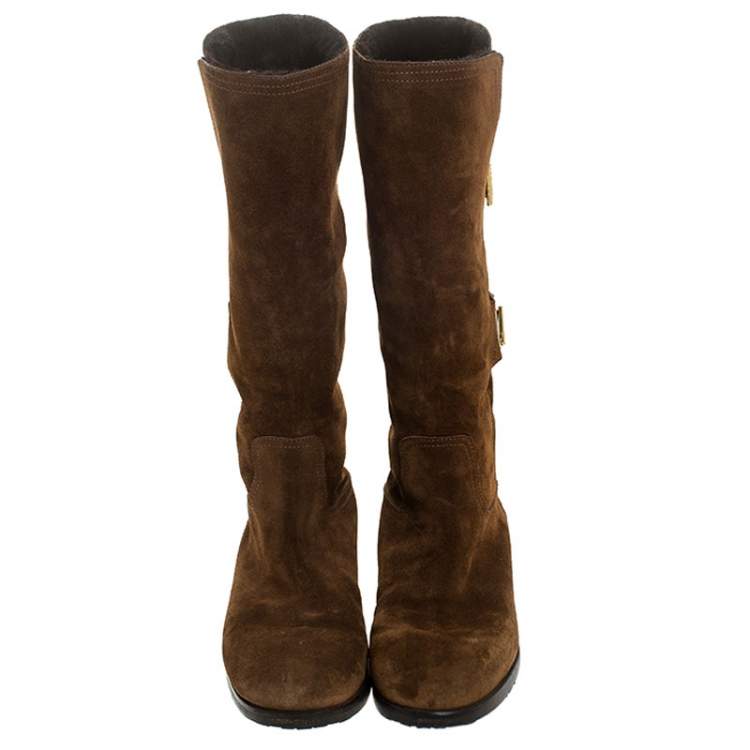 Pre Owned Jimmy Choo Brown Suede Mid Calf Flat Boots Size 38.5