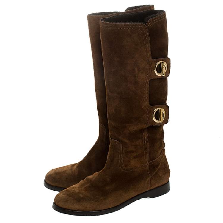 Pre Owned Jimmy Choo Brown Suede Mid Calf Flat Boots Size 38.5