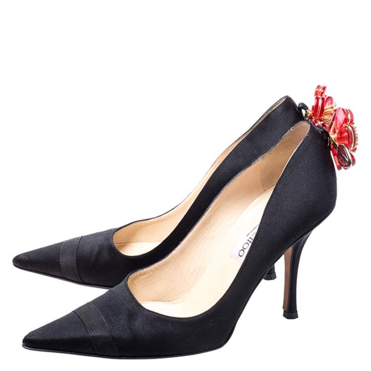 Pre Owned Jimmy Choo Black Satin Plastic Flower Clip Pointed Toe Pumps Size 37