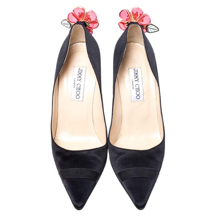 Pre Owned Jimmy Choo Black Satin Plastic Flower Clip Pointed Toe Pumps Size 37