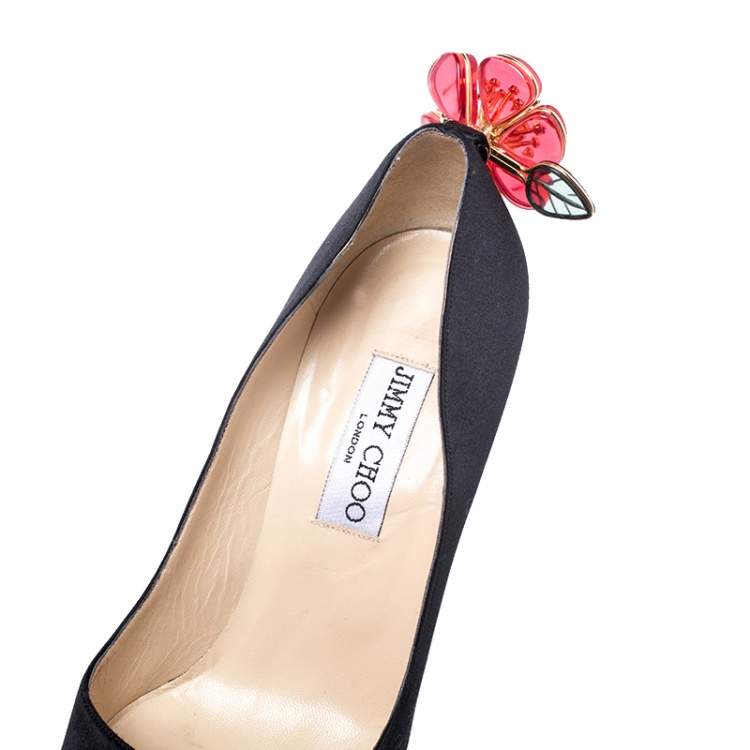 Pre Owned Jimmy Choo Black Satin Plastic Flower Clip Pointed Toe Pumps Size 37