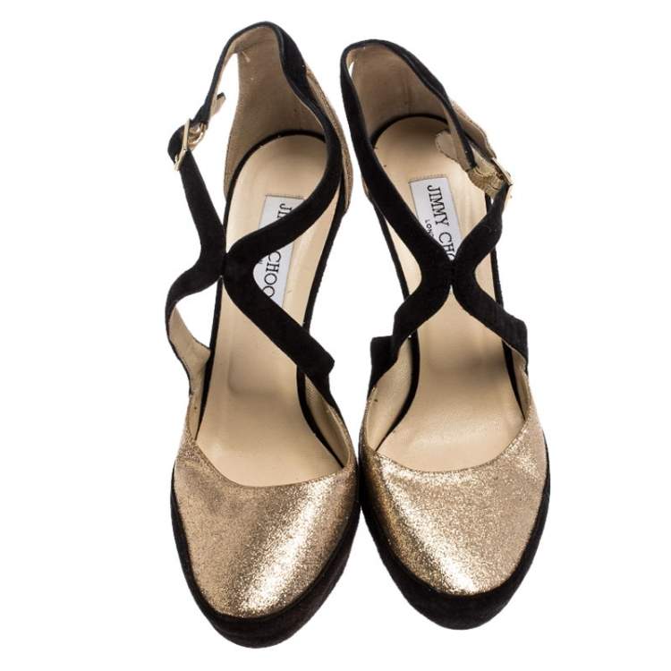 Pre Owned Jimmy Choo Black Suede And Gold Glitter Fabric Round Toe Ankle Strap Platform Pumps Size 40