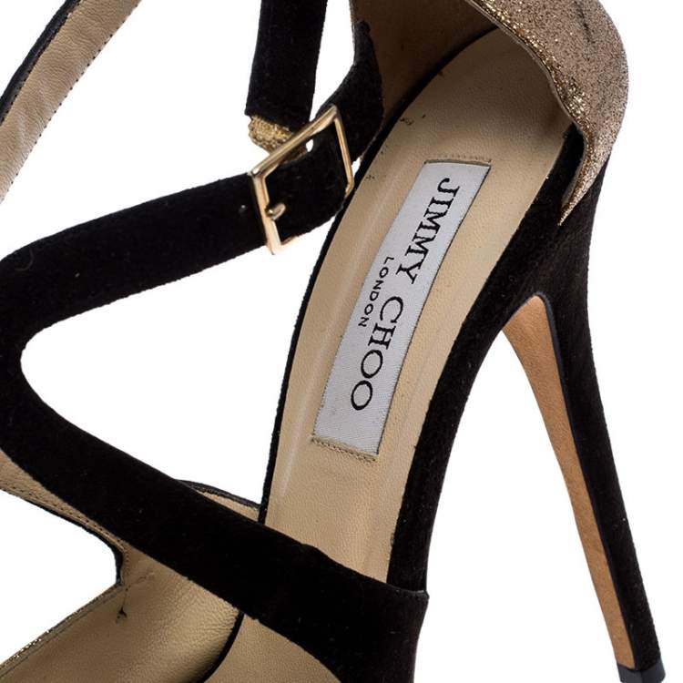 Pre Owned Jimmy Choo Black Suede And Gold Glitter Fabric Round Toe Ankle Strap Platform Pumps Size 40
