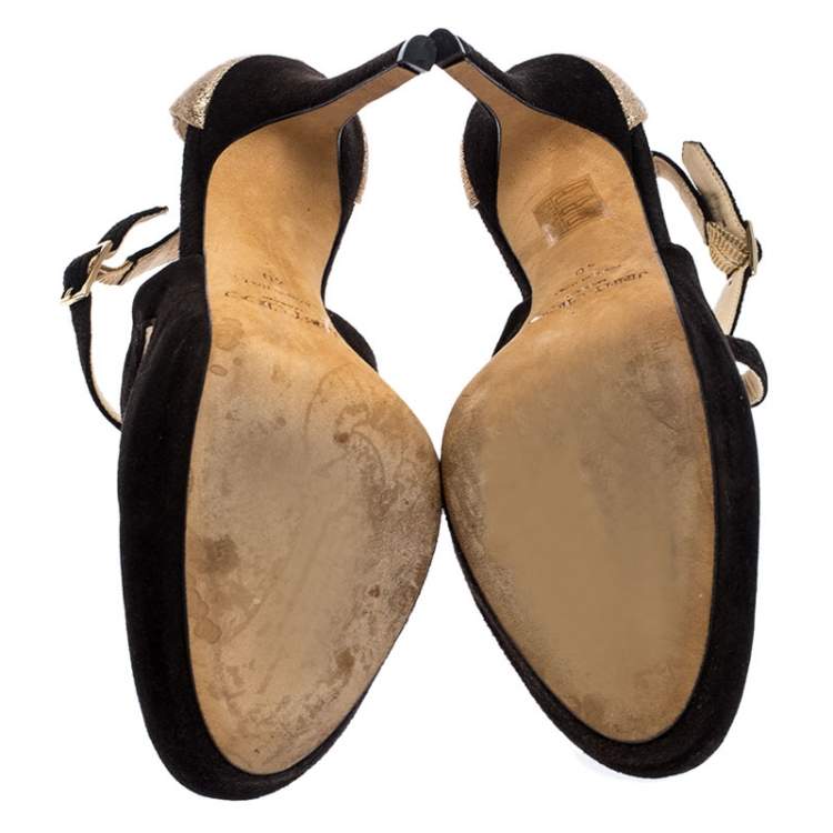 Pre Owned Jimmy Choo Black Suede And Gold Glitter Fabric Round Toe Ankle Strap Platform Pumps Size 40