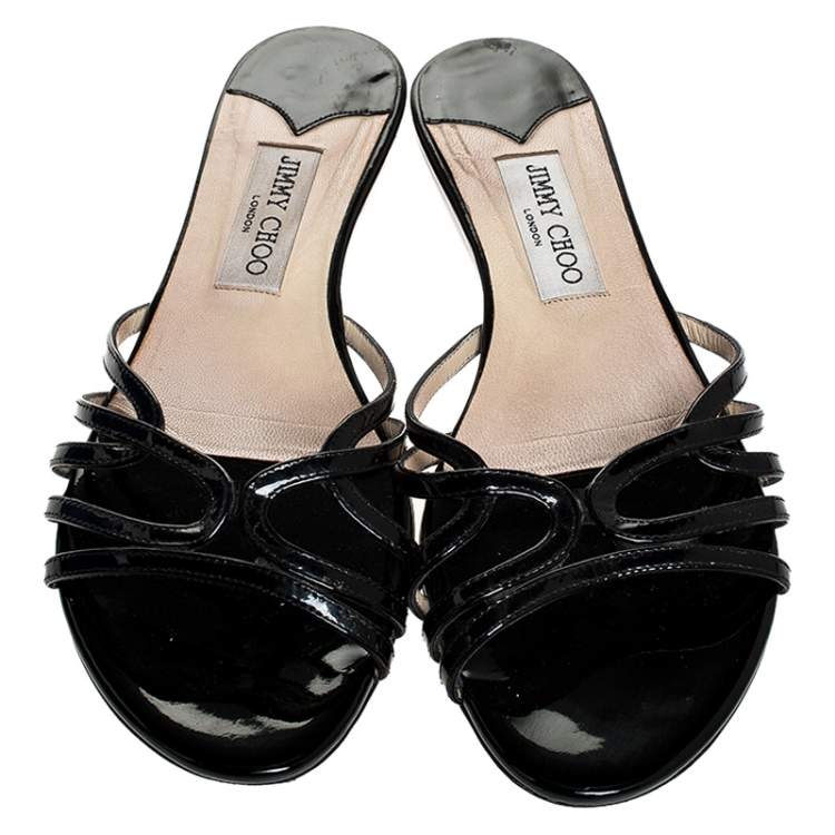 Pre Owned Jimmy Choo Black Patent Flat Slides Size 39