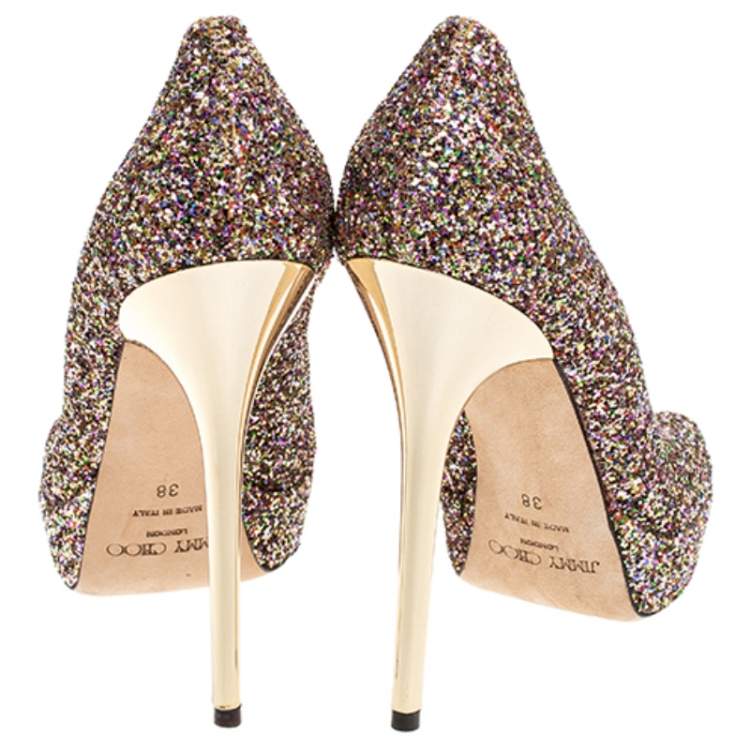 Pre Owned Jimmy Choo Multicolor Glitter Crown Peep Toe Pumps Size 38