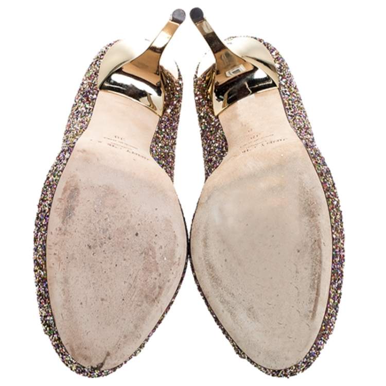 Pre Owned Jimmy Choo Multicolor Glitter Crown Peep Toe Pumps Size 38