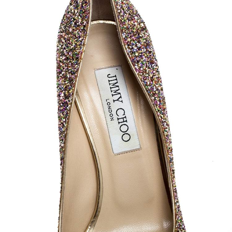 Pre Owned Jimmy Choo Multicolor Glitter Crown Peep Toe Pumps Size 38