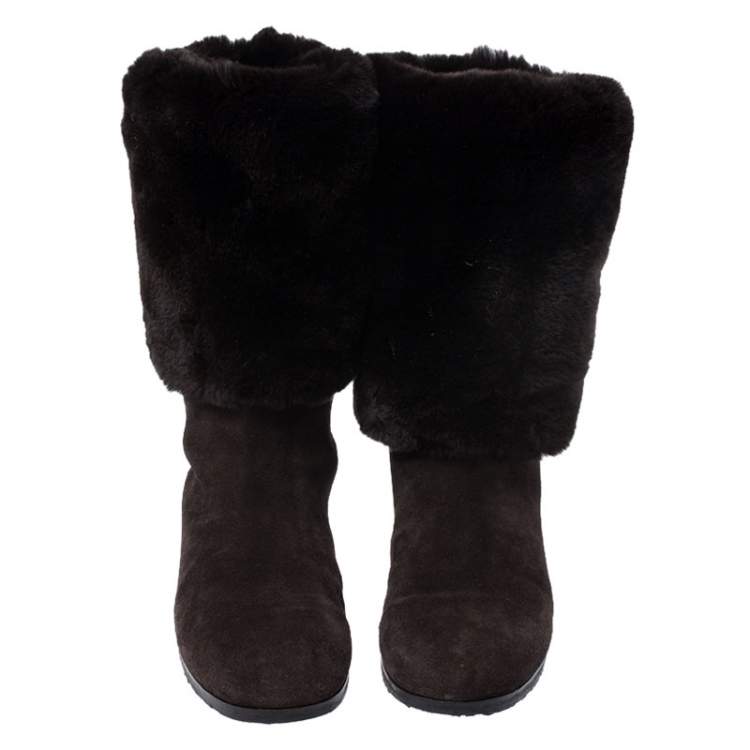 Pre Owned Jimmy Choo Brown Suede And Rabbit Fur Mid Calf Flat Boots Size 42