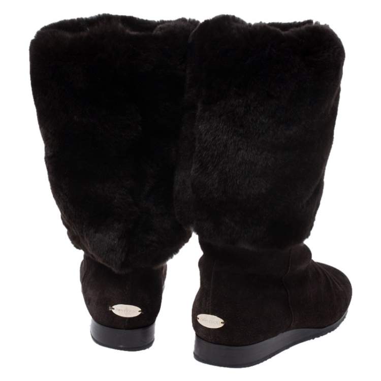 Pre Owned Jimmy Choo Brown Suede And Rabbit Fur Mid Calf Flat Boots Size 42