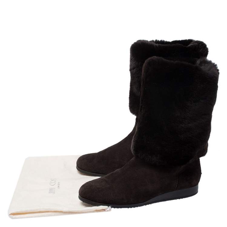 Pre Owned Jimmy Choo Brown Suede And Rabbit Fur Mid Calf Flat Boots Size 42