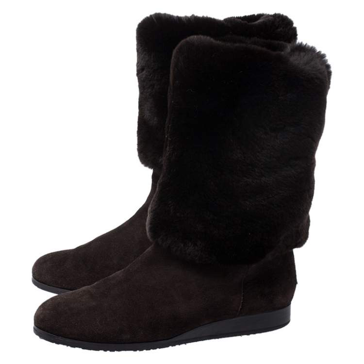 Pre Owned Jimmy Choo Brown Suede And Rabbit Fur Mid Calf Flat Boots Size 42