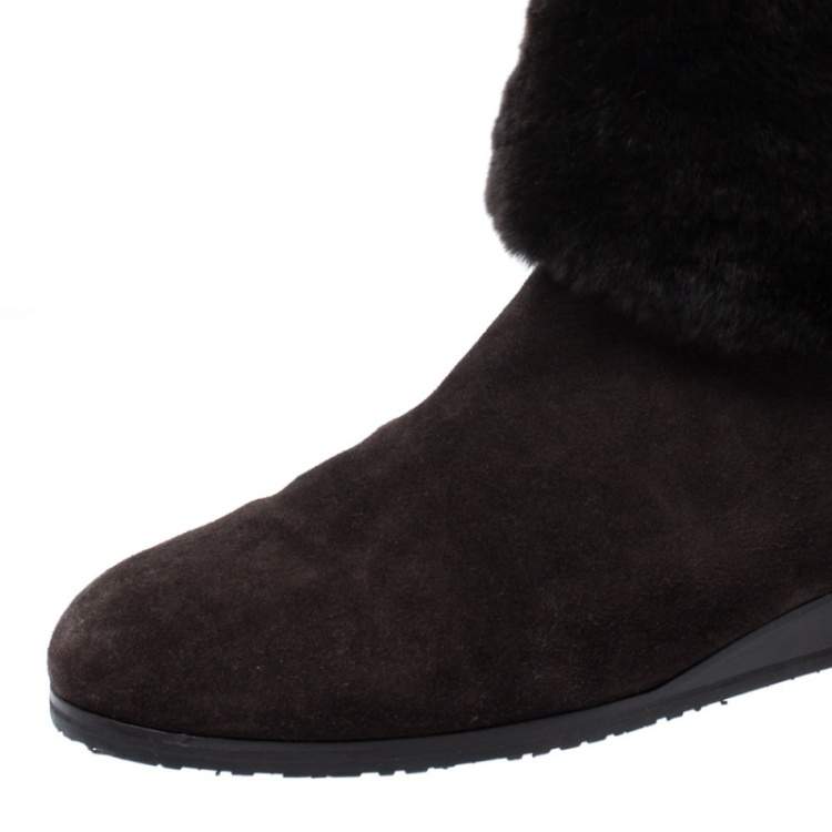 Pre Owned Jimmy Choo Brown Suede And Rabbit Fur Mid Calf Flat Boots Size 42
