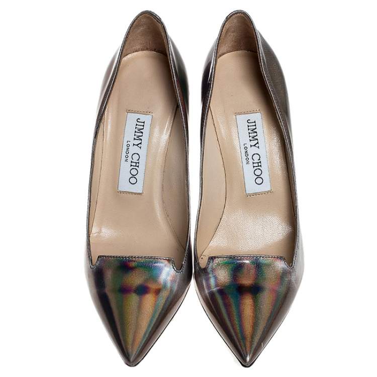Pre Owned Jimmy Choo Silver Holographic Leather Avril Pointed Toe Pumps Size 35