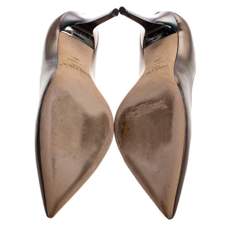 Pre Owned Jimmy Choo Silver Holographic Leather Avril Pointed Toe Pumps Size 35