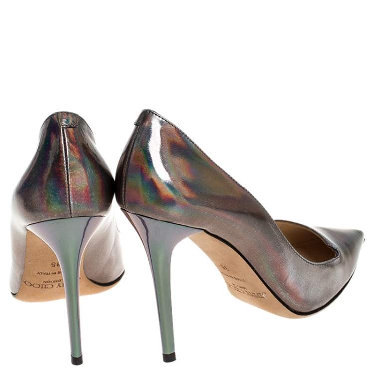 Pre Owned Jimmy Choo Silver Holographic Leather Avril Pointed Toe Pumps Size 35