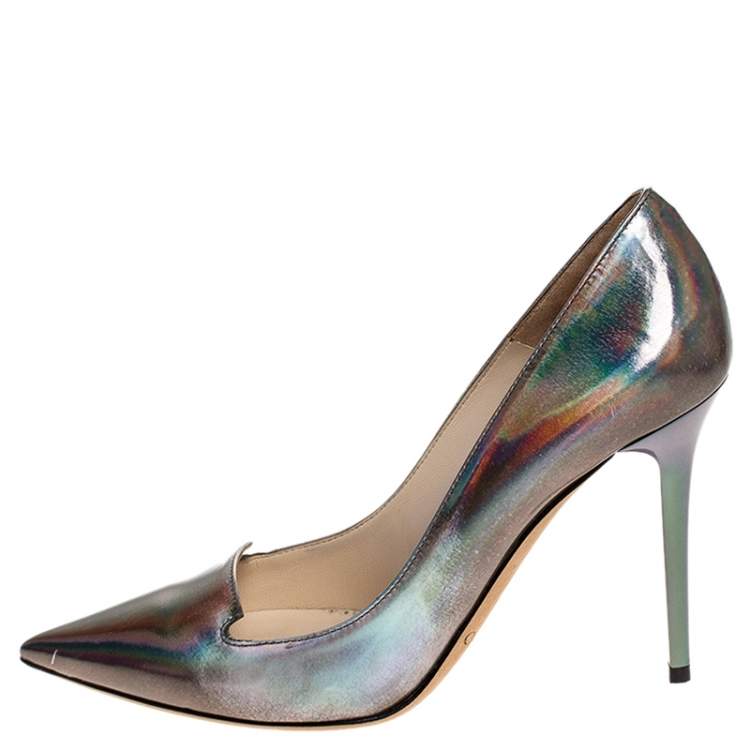 Pre Owned Jimmy Choo Silver Holographic Leather Avril Pointed Toe Pumps Size 35