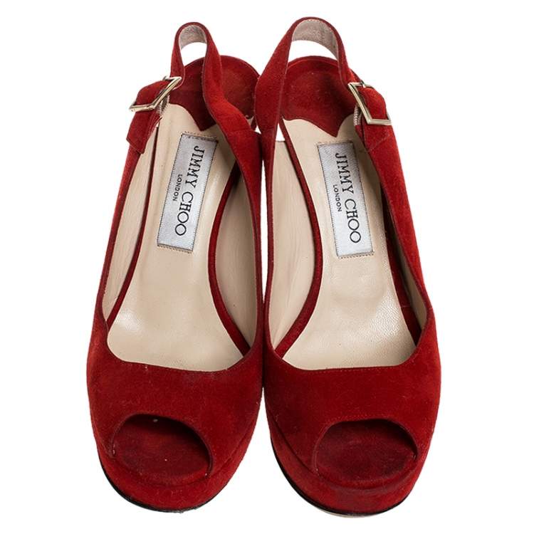 Pre Owned Jimmy Choo Red Suede Leather Lexy Peep Toe Platform Slingback Sandals Size 37.5