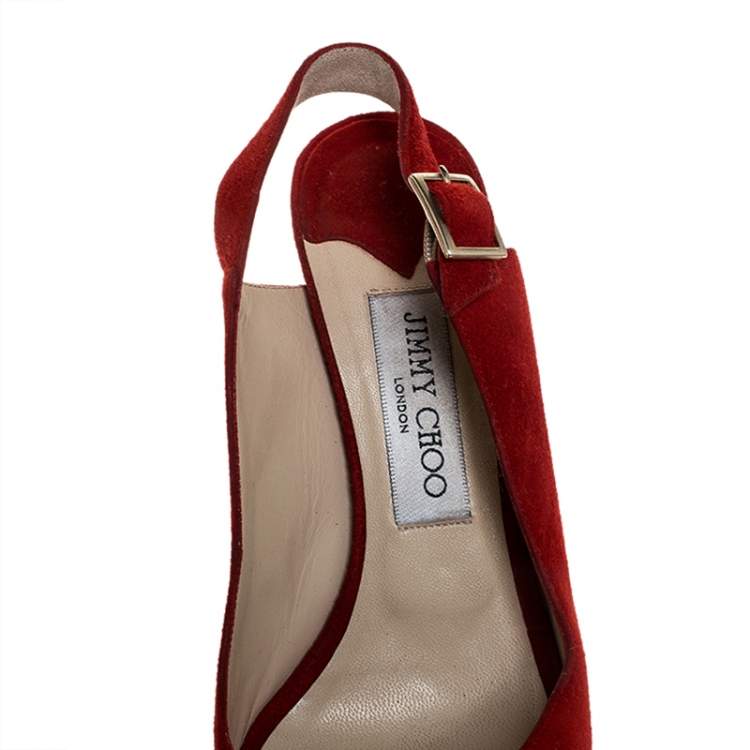 Pre Owned Jimmy Choo Red Suede Leather Lexy Peep Toe Platform Slingback Sandals Size 37.5
