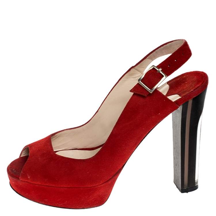 Pre Owned Jimmy Choo Red Suede Leather Lexy Peep Toe Platform Slingback Sandals Size 37.5