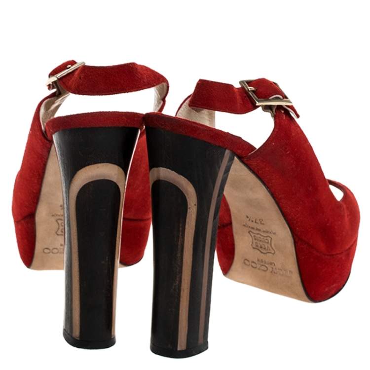 Pre Owned Jimmy Choo Red Suede Leather Lexy Peep Toe Platform Slingback Sandals Size 37.5