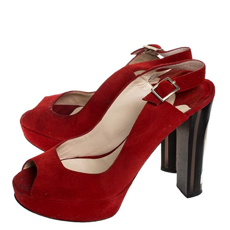 Pre Owned Jimmy Choo Red Suede Leather Lexy Peep Toe Platform Slingback Sandals Size 37.5