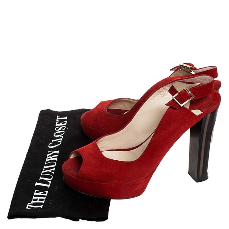 Pre Owned Jimmy Choo Red Suede Leather Lexy Peep Toe Platform Slingback Sandals Size 37.5