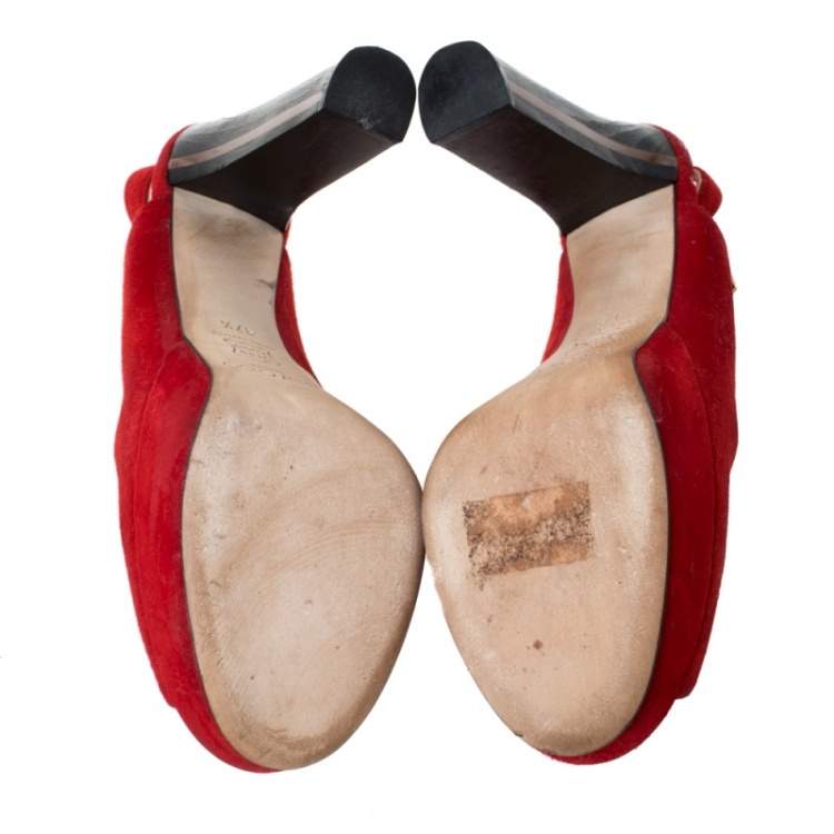 Pre Owned Jimmy Choo Red Suede Leather Lexy Peep Toe Platform Slingback Sandals Size 37.5