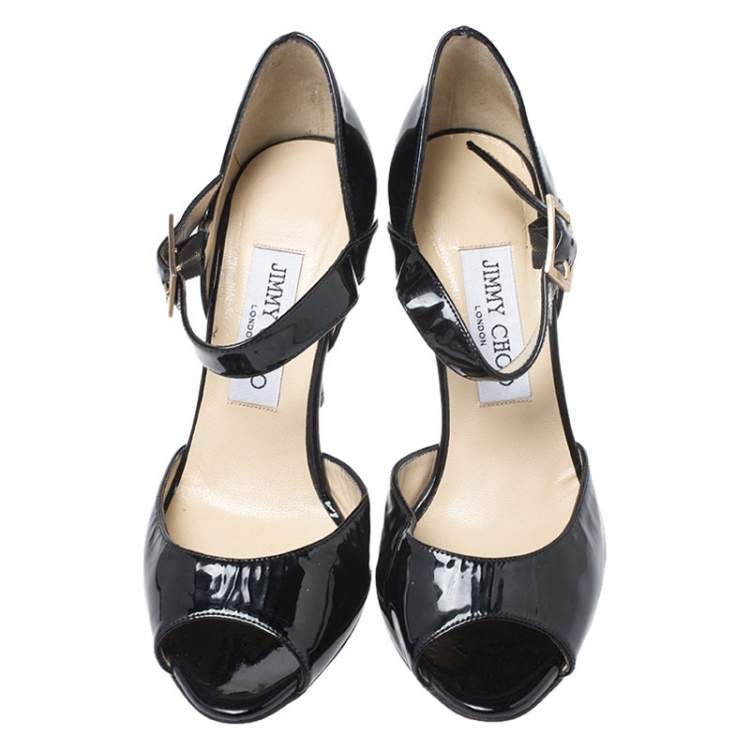 Pre Owned Jimmy Choo Black Patent Leather Peep Toe Ankle Strap Sandals Size 36