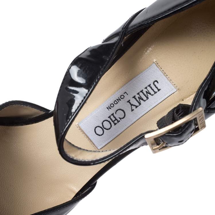 Pre Owned Jimmy Choo Black Patent Leather Peep Toe Ankle Strap Sandals Size 36
