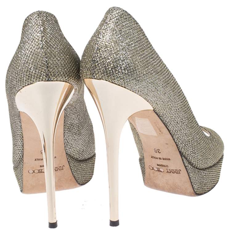 Pre Owned Jimmy Choo Metallic Gold Lamé Fabric Dahlia Peep Toe Platform Pumps Size 38