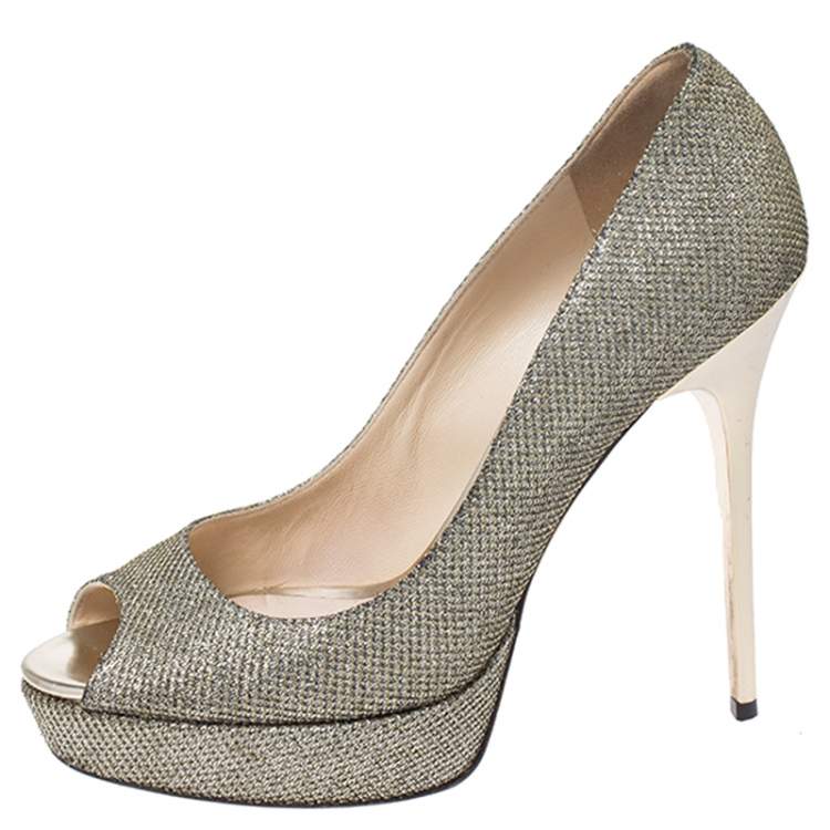 Pre Owned Jimmy Choo Metallic Gold Lamé Fabric Dahlia Peep Toe Platform Pumps Size 38