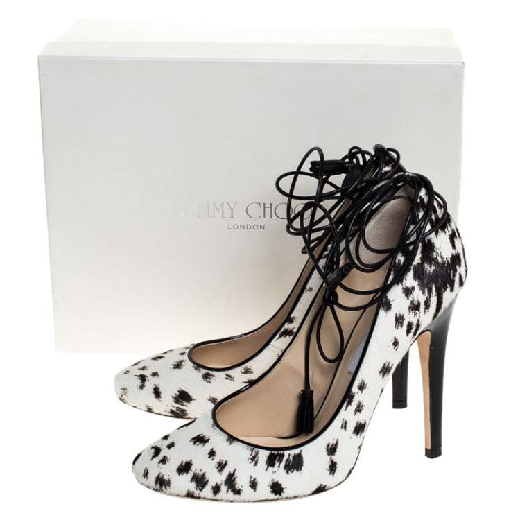 Pre Owned Jimmy Choo White/Black Printed Pony Hair Cedar Ankle Wrap Pumps Size 39.5