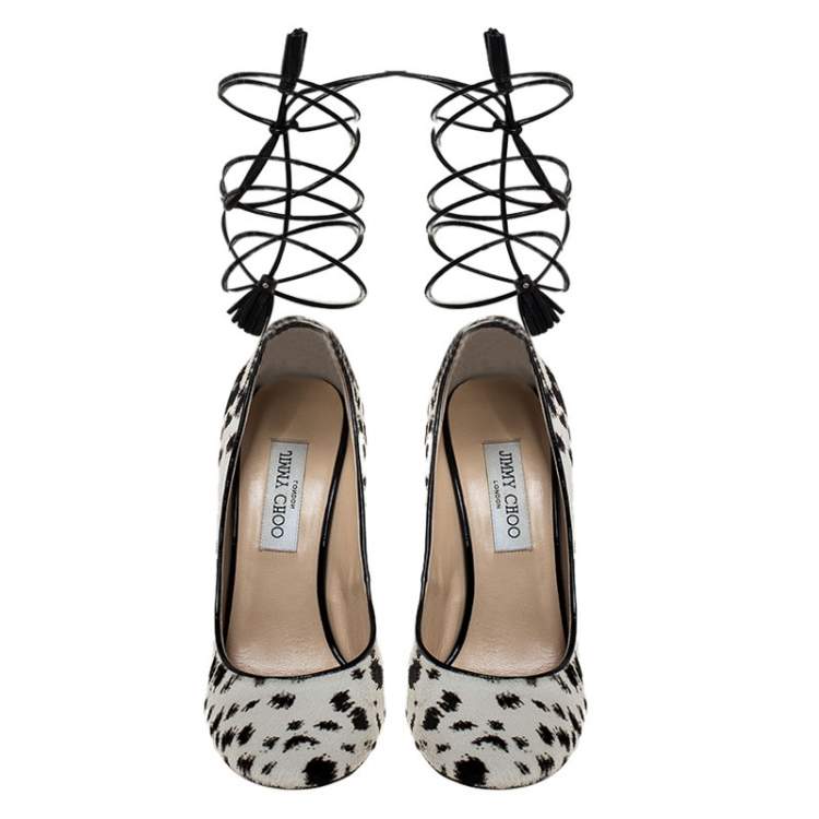 Pre Owned Jimmy Choo White/Black Printed Pony Hair Cedar Ankle Wrap Pumps Size 39.5