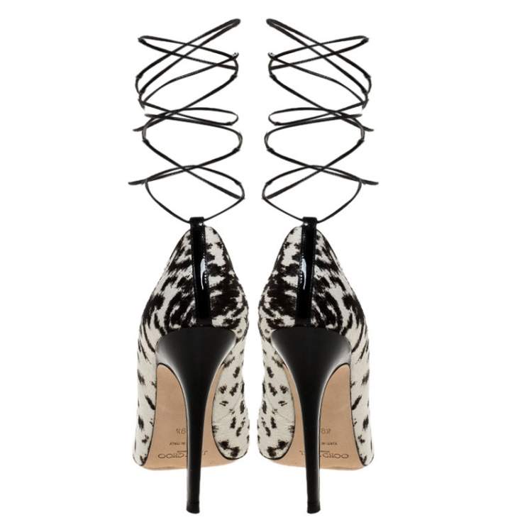 Pre Owned Jimmy Choo White/Black Printed Pony Hair Cedar Ankle Wrap Pumps Size 39.5